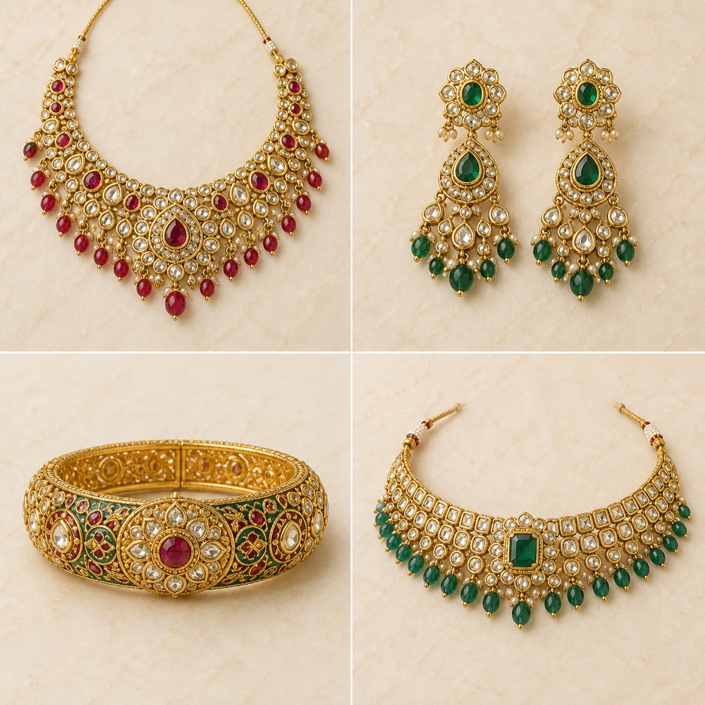 Kundan, polki, and meenakari jewelry presented in an Indian jewelry online store.